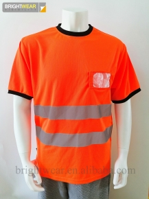 Contrast Hi vis orange short sleeve safety T-shirt with sew-on reflective tape and PVC pocket