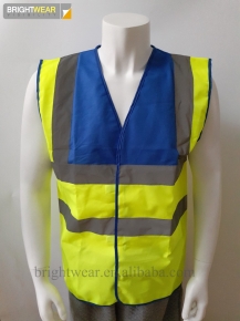 Contrast tricot safety vest with hook and loop fastener and reflective tape