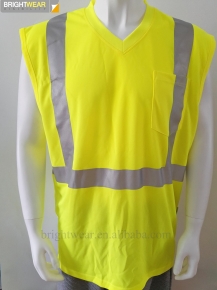 Sleeveless V-neck safety T-shirt with 3M reflective tape and birdeye mesh fabric meet ANSI107