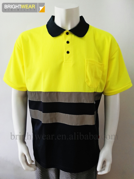 Two-color contrast high visibility safety polo shirt with reflective tapes and pocket